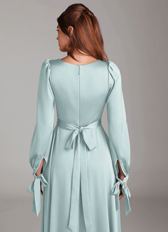 Azazie Leonia Bridesmaid Dresses Mist A-Line Long Sleeve Stretch Satin Dress image6