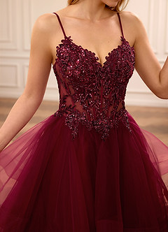 Zinnia Burgundy A-line Floral V-neck Tulle Tier Prom Dress image4