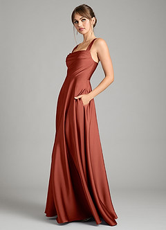 Azazie Shaude Bridesmaid Dresses Terracotta A-Line Pleated Stretch Satin Dress image4