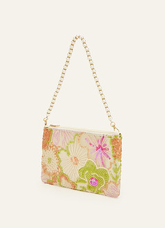 front Sequin Embroidered Floral Pearl Strap Shoulder Bag