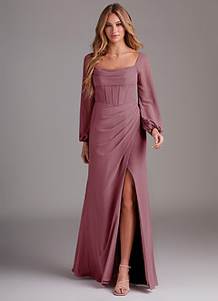 Azazie Charissa Bridesmaid Dresses Vintage Mauve Sheath Long Sleeve Chiffon Dress image3