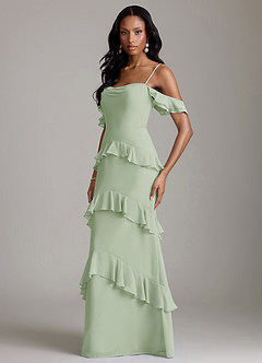 Azazie Chayla Final Sale Dusty Sage Sheath Off the Shoulder Chiffon Dress image5