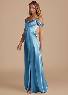 Azazie Ocean Robes de demoiselle d'honneur Robe Trapèze en Satiné métallisé Épaule décolletée Acier Bleuté image4