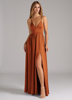 Azazie Aaida Bridesmaid Dresses Cinnamon A-Line Corset Stretch Satin Dress image4