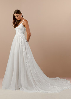 Azazie Arabelle Wedding Dresses Diamond White A-Line V-Neck Lace Tulle Dress image3