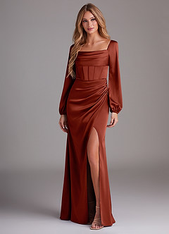 Azazie Charissa Bridesmaid Dresses Terracotta Sheath Long Sleeve Stretch Satin Dress image4