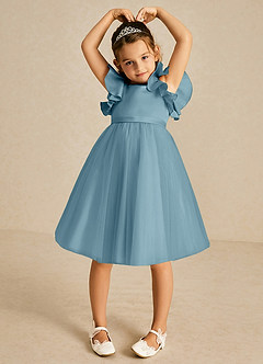 Azazie Kaeya Flower Girl Dresses Moody Blue A-Line Bow Tulle Dress image3