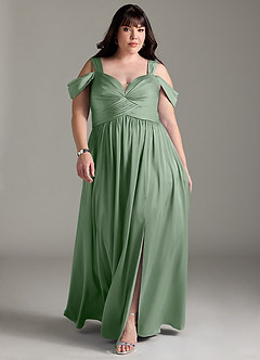 Azazie Lianne Robes de demoiselle d'honneur Robe Trapèze en Satin extensible Épaule décolletée Matcha image9
