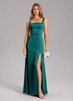 Azazie Frostine Bridesmaid Dresses Peacock A-Line Bow Stretch Satin Dress image3