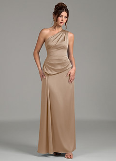 Azazie Zahira Bridesmaid Dresses Taupe Sheath One Shoulder Stretch Satin Dress image4