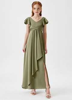 Azazie Omari Junior Pistachio A-Line Pleated Stretch Satin Dress image4