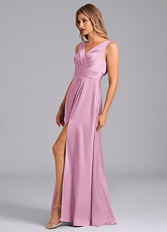Azazie Karina Bridesmaid Dresses Candy Pink A-Line Pleated Stretch Satin Dress image3