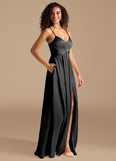 Azazie Alia At-home Try On Dresses Black A-Line Pleated Metallic Satin Dress image5