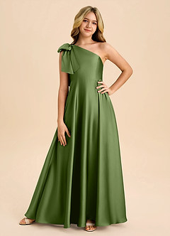 Azazie Penguin Junior Vestido de Enebro de Satén Elástico de Corte en A con Lazo image3