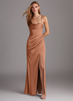 Azazie Brookelle Bridesmaid Dresses Bronzer Sheath Sweetheart Corset Stretch Satin Dress image2