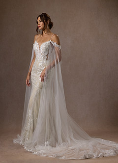 Azazie Leonie Vestidos de novia Vestido de Blanco Diamante Champán de Tul de Corte Sirena con Lentejuelas Cuello V image3