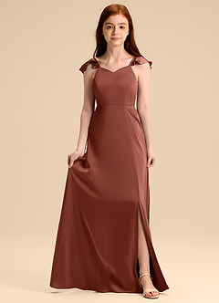 Azazie Everett Junior Jurk van Stretch Satijn met A-Lijn Boog Kastanjebruin image1