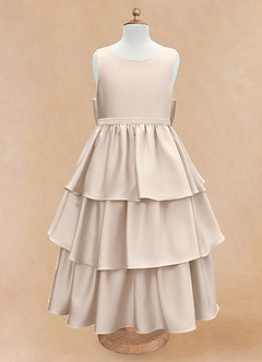 Azazie Margie Flower Girl Dresses White Alabaster A-Line Bow Stretch Satin Dress image4