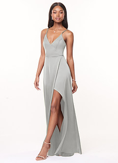 Azazie Maksim Bridesmaid Dresses Silver A-Line V-Neck Stretch Satin Dress image4