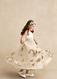 Azazie Vi Flower Girl Dresses Champagne A-Line Sleeveless Tulle Dress image2