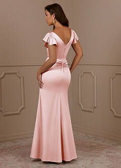 Azazie Roya Mother of the Bride Dresses Blushing Pink Mermaid V-Neck Pleated Stretch Satin Dress image3