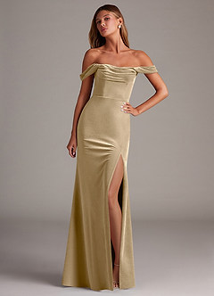 Azazie Saige Bridesmaid Dresses Golden Tan Sheath Off the Shoulder Velvet Convertible Dress image1