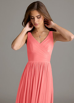 Azazie Keyla Bridesmaid Dresses Coral A-Line Pleated Mesh Dress image7