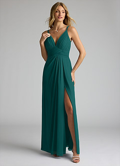 Azazie Maren Allure Bridesmaid Dresses Peacock A-Line V-Neck Lace Chiffon Dress image1
