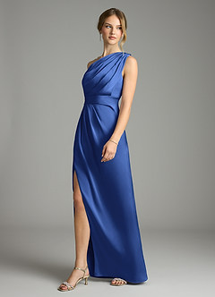 Azazie Emorie Final Sale Royal Blue Sheath One Shoulder Stretch Satin Dress image3