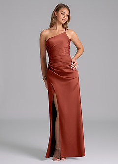 Azazie Eren Bridesmaid Dresses Terracotta Mermaid One Shoulder Stretch Satin Dress image5