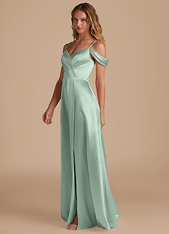 Azazie Ocean Final Sale Agave A-Line Off the Shoulder Metallic Satin Dress image4