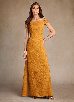 Azazie Moore Mother of the Bride Dresses Butterscotch A-Line Boatneck Floral Burnout Dress image1
