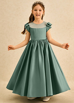 Azazie Toffee Abiti da Ragazza di Fiori Abito Stile Principessa in Raso Opaco Fiocco Eucalipto image3