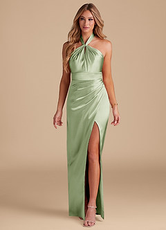 Azazie Zaya Bridesmaid Dresses Dusty Sage Sheath Pleated Metallic Satin Dress image3