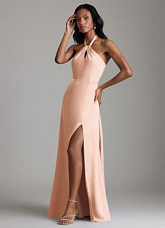 Azazie Tracie Bridesmaid Dresses Rose Gold A-Line Side Slit Stretch Satin Dress image4