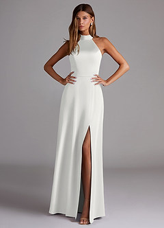 Azazie Myra Abiti da Damigella Abito A-Line in Raso Elasticizzato Collo Alto Bianco image3