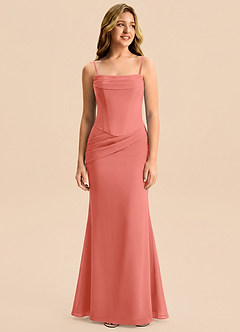 Azazie Sorrel Junior Meerjungfrau-Linie Plissee Chiffon Kleid Lachsrosa image6