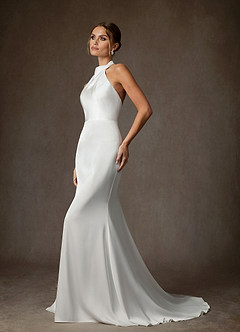 Azazie Tulipa Wedding Dresses Diamond White Sheath High Neck Stretch Satin Dress image3