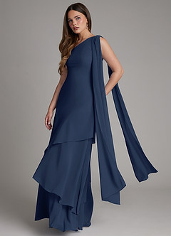Azazie Monique Vestidos de damas de honor Vestido Azul Marino Oscuro de Gasa de Línea A con Un hombro image4