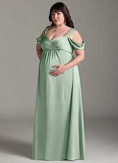 Azazie Rhea vestidos de dama de honor de maternidad Vestido de Corte En A Off The Shoulder Plisado Hasta el suelo Satén Elástico image11