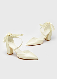 front Pearl Ankle Strap and Bow Pointed Toe Block Heels