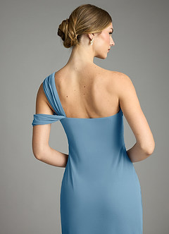 Azazie Tati Final Sale Steel Blue Sheath Off the Shoulder Mesh Dress image6