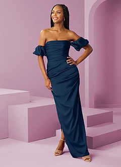 Barbie ♥ Azazie Bridesmaid Dresses Dark Navy Sheath Off the Shoulder Stretch Satin Convertible Dress image3