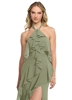 Azazie Velma Bridesmaid Dresses Pistachio A-Line Side Slit Chiffon Dress image4
