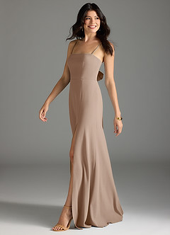 Azazie Melia Bridesmaid Dresses Taupe A-Line Bow Stretch Crepe Dress image3