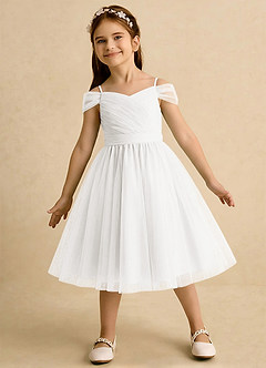 Azazie Lila Girls Formal Robe Demoiselle D'honneur Fillette Robe Trapèze en Tulle Épaule décolletée Ivoire image3