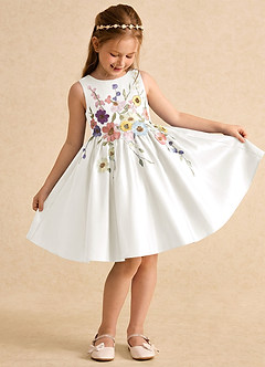 Azazie Prima Vestidos de florista Vestido Marfim de Cetim fosco de Linha A com Laço image3