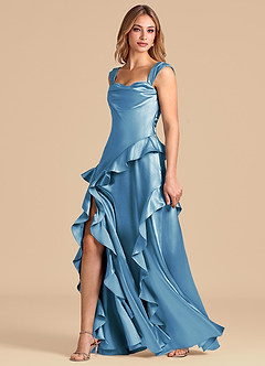 Azazie Sloane Bridesmaid Dresses Steel Blue A-Line Sweetheart Neckline Metallic Satin Dress image4