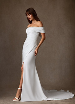 Azazie Chandler Wedding Dresses Diamond White Sheath Crepe Back Satin Dress image3