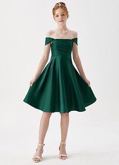 Azazie Amira Junior Emerald A-Line Pleated Stretch Satin Dress image5